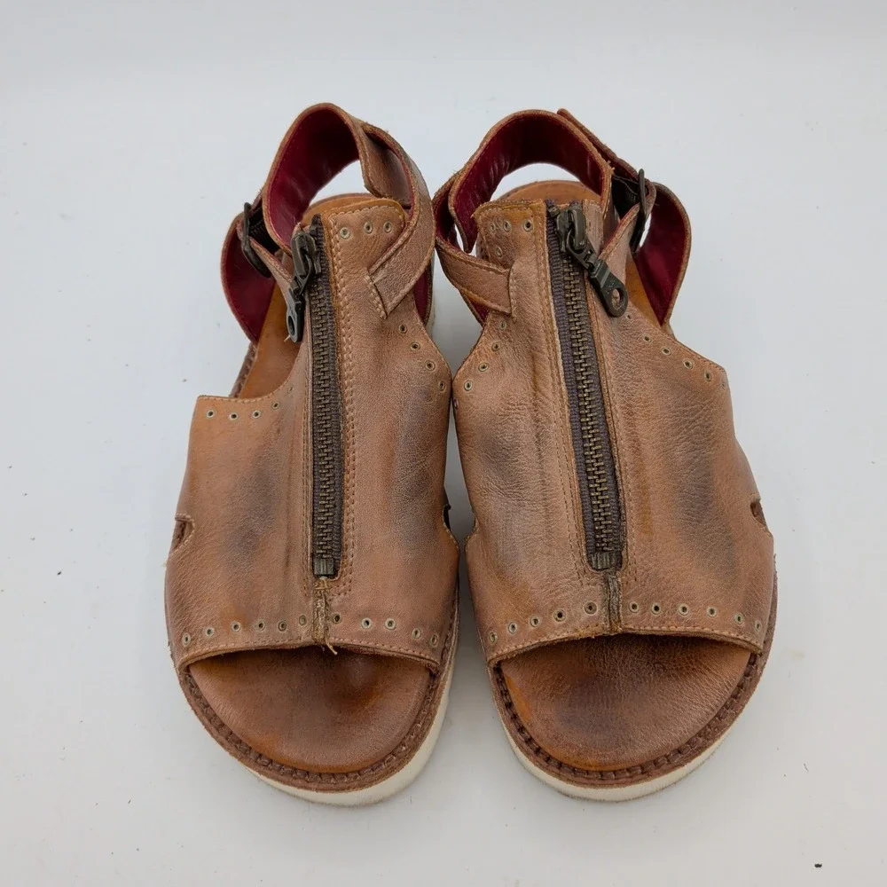 Bed Stu Clancy Tan Brown Leather Zip Platform Sandals Womens 6.5 Boho Distressed